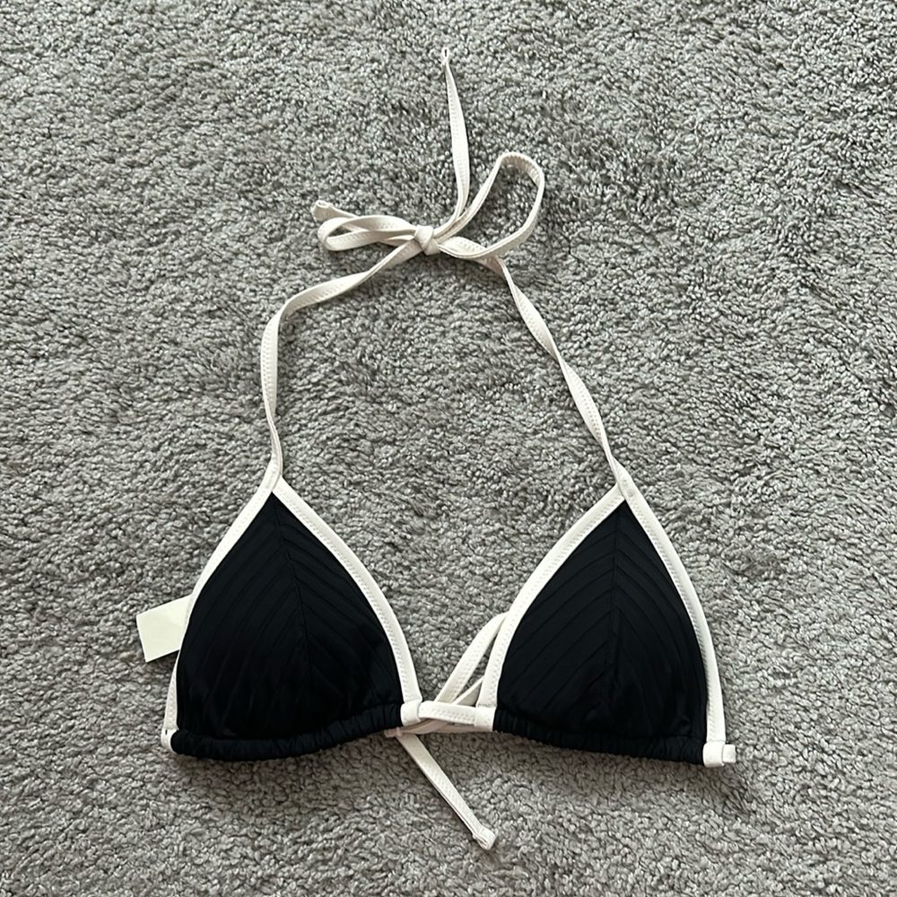 Aerie Wide Rib String Triangle Bikini Top in True Black, Size Small. NEW W/ TAGS